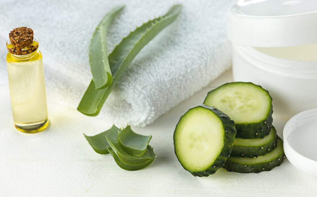 Photo showing cucumber, aloe and other ingredients of the hydrating cucumber treatment.